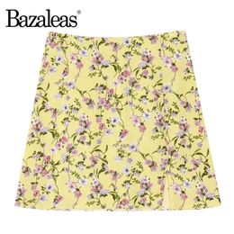 Vintage Chiffom Women Mini Skirt Elegant Floral Print Yellow Women A Line Skirt Fashion Pencil Skirts X0428