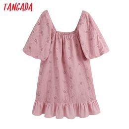 Women Summer Pink Hollow Out Embroidery Ruffled Mini Dress Vintage Short Sleeve with Lining Dresses BE625 210416