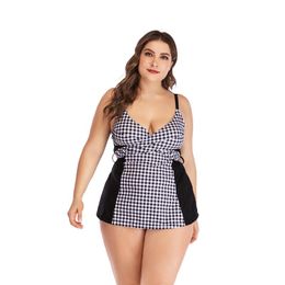 Women's Swimwear Grid Print Swim Dress Two Piece Tankini Bikini Sets Retro Slim Style Plus Size 3XL 4XL