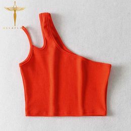 Summer Sexy Slim Irregular Halter Crop Tops Womens Clothing One Shoulder Strap Tank Tops Female Short Camisole White Vest Casual Y0824