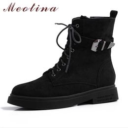 Meotina Winter Motorcycle Boots Women Boots Buckle Flat Ankle Boots Zipper Round Toe Shoes Female Autumn Black Plus Size 34-43 210608