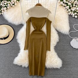 New design women's stand collar long sleeve off shoulder sexy knitted Colour block midi long pencil dress