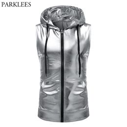 Sliver Metallic Zip Up Sleeveless Hoodie T Shirt Men Tin Man Costume Nightclub Styles Party Disco Wear Tshirt with Pocket 210522