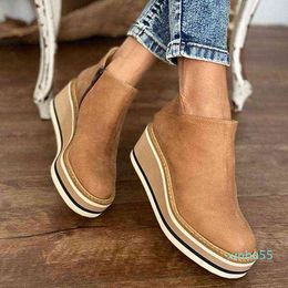 Plus Size Winter Wedges Women Boots Comfortable Ankle Boots Shoes Round Toe 4cm Heel Lace Up and Zip Thicken