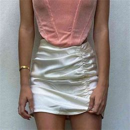 White A-Line Solid Mini Skirt summer fashion Skirts women's Shirring sexy bag hip slim inner pleated skirt trend 210508