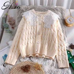 Fall Fashion Sweater Coat Korean Style Oversized and Cardigans Turn Down Lace Collar Sweet Cute Knit 210430