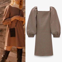 Autumn Plaid Mini Dress Women Fashion Harajuku Square Neck Long Sleeve Woman Vintage Loose Casual Ladies es 210519