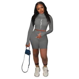 New Wholesale Faith Knitted Outfits Summer Women Tracksuits Two Piece Sets Long Sleeve Sweatshirt Short Pants Mathing Set 2XL Sweatsuits 6988