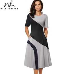 Nice-forever Spring Retro Contrast Colour Patchwork A-line Dresses Business Work Flare Swing Women Dress A239 210419