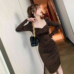Fall/winter over-the-knee base slim-fit bright silk knitted dress Office Lady Sheath Solid Zippers Knee-Length 210416
