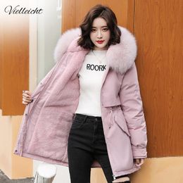 Women's Down Parkas Vielleicht 2021 코튼 두꺼운 따뜻한 가을 겨울 자켓 코트 여성 캐주얼 롱 파카 의류 모피 라이닝 후드 코트