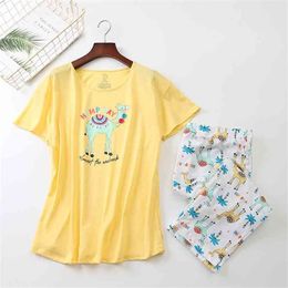 Summer Women Pyjamas Cotton Cute Print Alpaca Pyjama Set Top + Capris Elastic Waist Plus Size 3XL Lounge pijamas S92902 210421