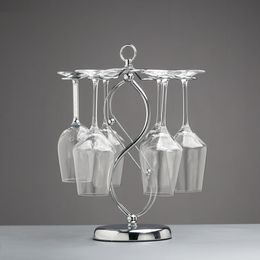 6 Hooks Silver Metal Red Wine Glass Cup Rack Holder Stand,Upside Down Wrought Iron Stemware Air Drying System Tree Display