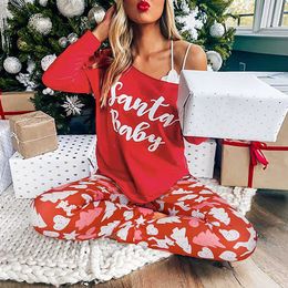 Women PajamasTwo Piece Set Christmas Casual Letter Print Long Sleeve Tshirts&long Pants Loungewear Suit Fashion Nightwear Female 210526