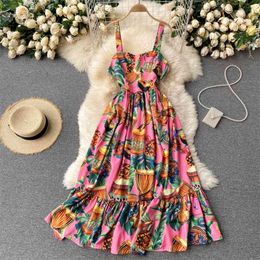 Spring Retro Fashion Printed Sling Vestidos Women's Holiday Ruffled Square Collar Waist Slimming Beach Midi Dress C455 210506