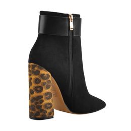 Womens 10CM Leopard Pointed Toe Chunky Square Heel Side Zipper Ankle Boots with Strap Thick Booties for Autumn