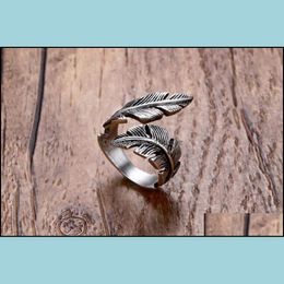 Band Rings Jewelry S1881 Fashion Vintage Feather Ring Open Finger Drop Delivery 2021 Okesy