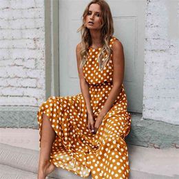 Sleeveless Yellow Polka Dot A Line Dress Women High Waist Summer Maxi es Vintage Sundress Loose Casual Long Lady 210522