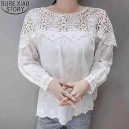 Spring White Cotton Fashion Women Blouse Hollow Out Lace Tops Vintage Clothes Casual O-Neck Blusas 13293 210417