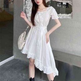 Korean Elegant Casual Summer Dress Women Square Collar Vintage Puff Sleeve Irregular Long Party Female Vestidos 210514