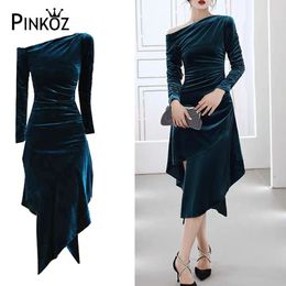 designer style dark green one shoulder slim asymmetrical long sleeve party midi dress velvet bodycon sexy dresses robe za 210421