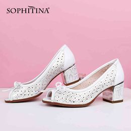 SOPHITINA Women Sandals Fashion Fretwork Butterfly-Knot Sandals Thick Heel Peep Toe Serpentine Comfort Casual Lady Shoes C739 210513