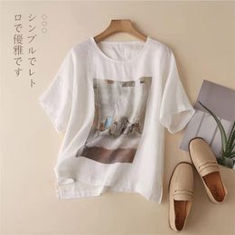 Arrival Summer Arts Style Women Casual Loose O-neck Short Sleeve T Shirt Vintga Print Cotton Linen T-shirt W65 210512