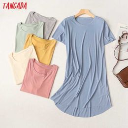 Tangada Summer Women Soft Home Dress Short Sleeve Ladies Midi Dress Vestidos 4A2 210609