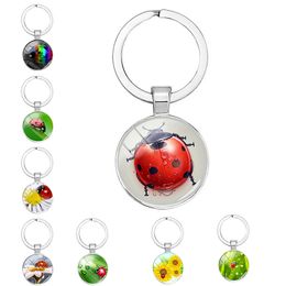 Green Plant And Red Ladybug Keychain Spring Natural Flower Insect Round Boyfriend Gift Jewelry Keychai