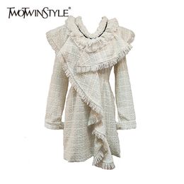 TWOTWINSTYLE Plaid Patchwork Ruffle Dress For Women V Neck Long Sleeve Tassel Chiffon Mini Dresses Female Fashion Clothing 210517