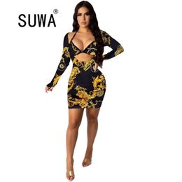 Printed Vintage Casual Elegant Dress For Women Wedding Annual Meeting Party Front Hollow Out Long Sleeve Sexy Robe Wholesale 210525