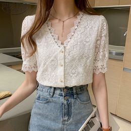 Summer Korean V-neck Lace Stitching Women Shirts Short-sleeved Hollow Out Top Female Tops and Blouse 13985 210508