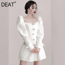 DEAT Women White Pockets Single Breasted High Dress New Square Neck Long Puff Sleeve Slim Fit Fashion Tide Summer 7E0394 210428