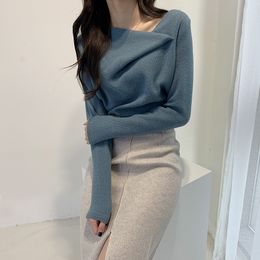 Skew Collar Irregular Knitted Sweater Women Chic Autumn Winter Elegant Femme Pullovers Solid Color Simple All-match Tops 504F 210420