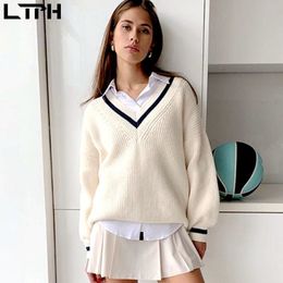British College Style Loose long sleeve women sweaters and pullovers V-Neck knitted all-match Casual sweater Autumn 210427