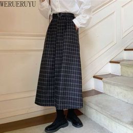 WERUERUYU Vintage England Style Long Plaid Skirt Women Autumn Winter Elegant A-Line Wide-Swing High Waisted Skirts Women 210608