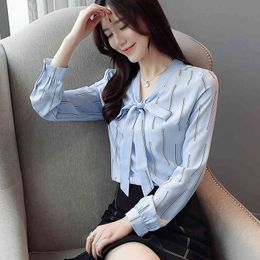 Chiffon Shirt Women Tops Korean Office Bow Long Sleeve Blouses Fashion Blue Striped 's shirt 800i 210420