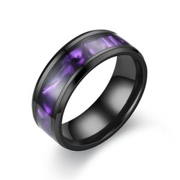 Colorful Shell Inlay Stainless Steel Rings 8mm Womens Mens Silver Black Wedding Band Comfort Fit Size 6-13