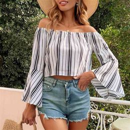 Slash Neck Striped Crop Top Women Spring Summer Fashion Long Sleeve Blouse Ladies Off Shoulder Blouses Tops 210510