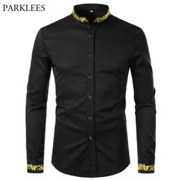 Black Gold Embroidery Shirt Men Spring Mens Dress Shirts Stand Collar Button Up Chemise Homme Camisa Masculina 210626