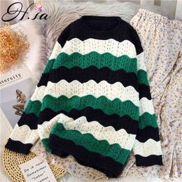 H.SA Women Winter Clothes Colorful Striped Rainbow Pullover Sweaters Oneck Wave Pink Oversized Sweater and Jumpers 210417