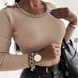 Basic sexy slim high street pullover sweater Ladies O neck Chain long sleeves sweaters Causal atumn winter woman 210414