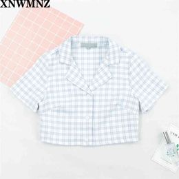 Streetwear Turn Down blouse women Fashion Centre Buttons crop top Tartan Cropped fitted Blouse harajuku ropa mujer tops 210520