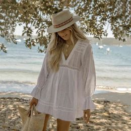 Beach Cover up Cotton White Sarong Bikini Bathing Suit Women wear Swimsuit Pareo Tunic Q1269 210420