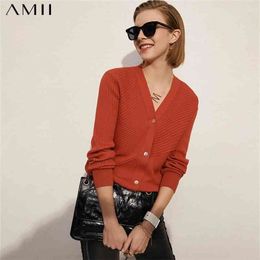 Amii Minimalism Spring Fashion Women's Coat Causal Solid Vneck Stripe Single Breasted Cardigans For Women Tops 12130073 210914