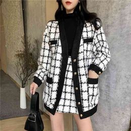 Top Quality Autumn Winter Contrast Black and White Plaid Tweed 2 Piece Set Women Loose Woolen Jacket Coat + Slim Short Skirt Set 201030