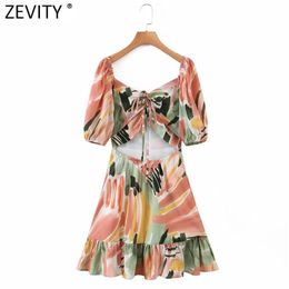 Women Holiday Wind Tropical Leaves Print Bandage Slim Mini Dress Female Chic Waist Cut Off Ruffles Beach Vestidos DS8147 210416