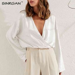 Satin Fashion Wide Long Sleeve Tops Autumn Plus Size Loose Deep V Neck Casual Satin Shirt Women Elegant Shirts Tops 210412