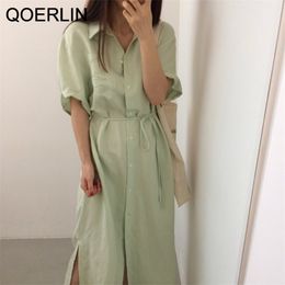 QOELRIN Women Blue Shirts Dress Spring Summer Fashion Turn-Down Single-Breasted Lace-up Ladies Mid Length Sashes Vestidos 210601