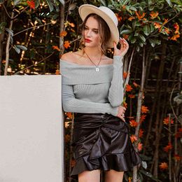 off shoulder elastic winter sweater women Short Grey lapel pullover sexy white jumpers Autumn bodycon basic knitwear top 210414